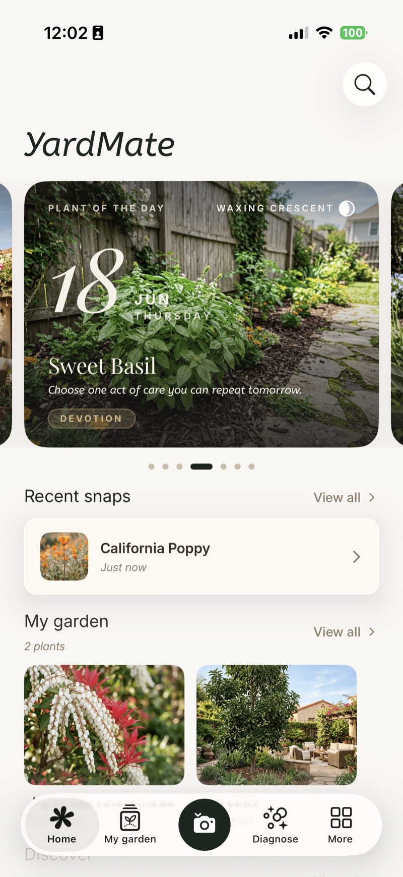 YardMate home screen with plant of the day