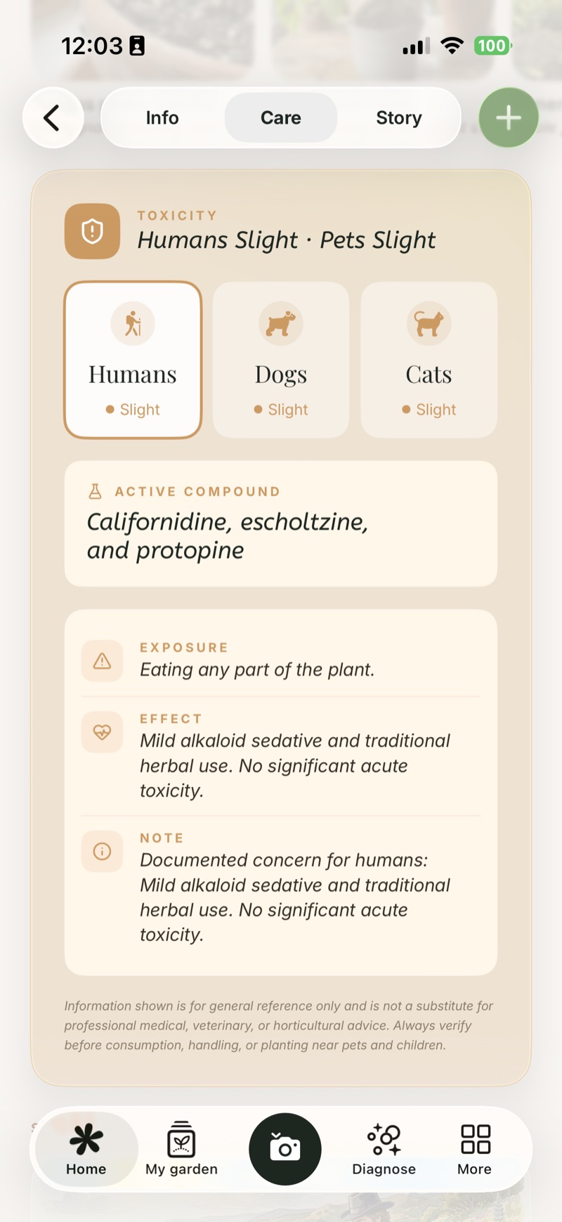 Toxicity card showing safety for humans, dogs and cats