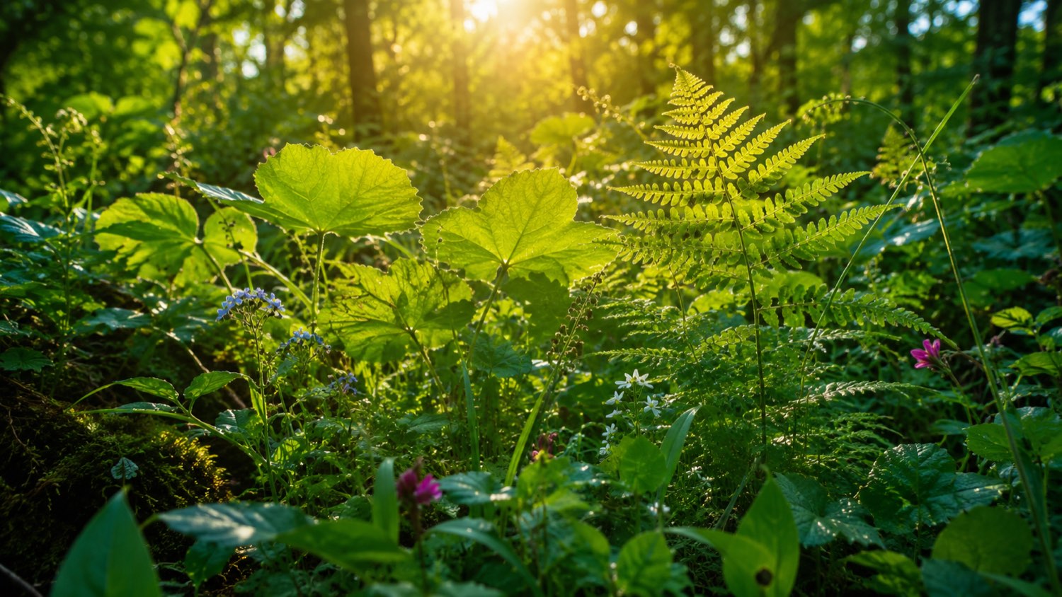 Lush, varied foliage backlit by warm sunlight.